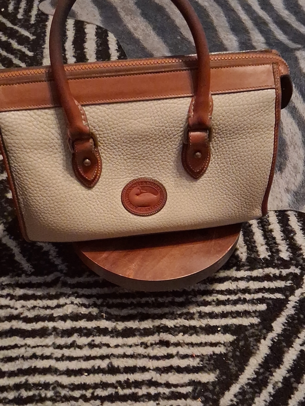 1980's Vintage AWL Dooney & Bourke Cream Pebbled Satchel with Brown Leather Trim